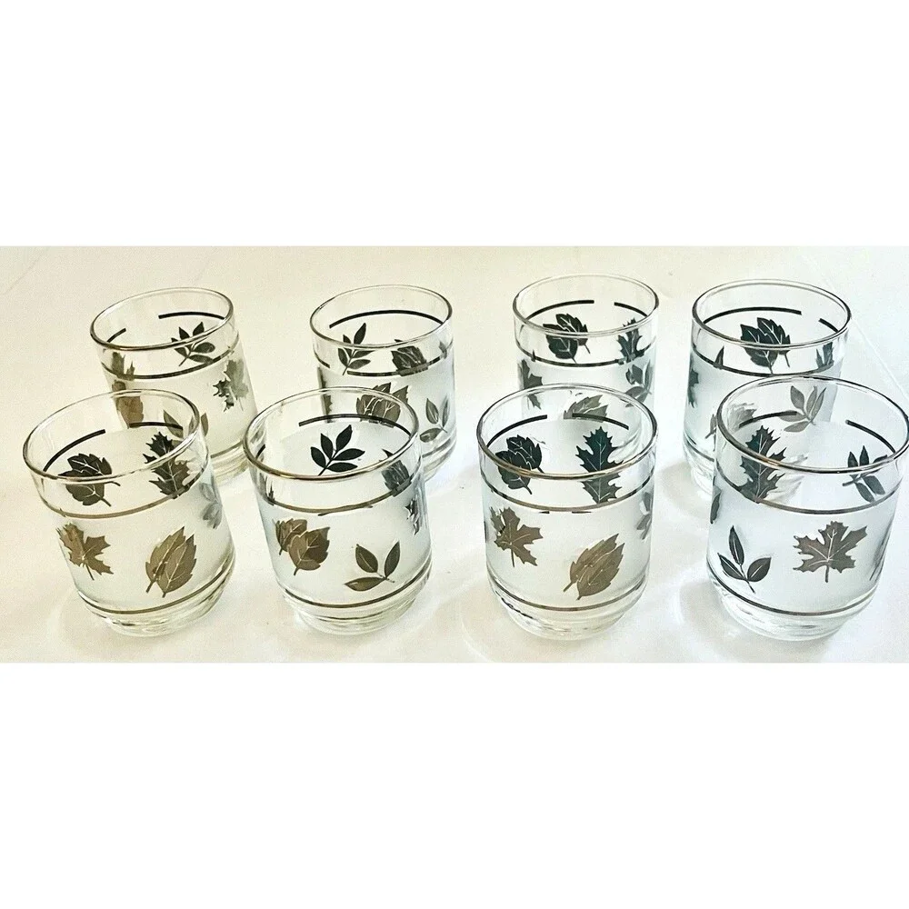 4 Vintage MCM Libbey Rock Sharpe Frosted Silver Leaf Short Old Fashioned- 5 oz
